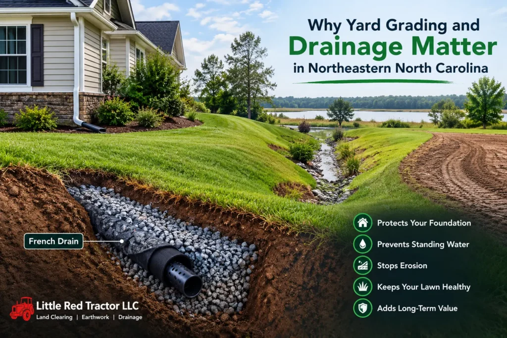Yard grading and French drain installation to improve drainage and prevent erosion in Northeastern North Carolina.