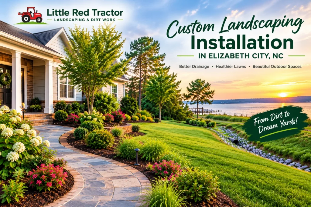 Custom landscaping installation in Elizabeth City, NC, featuring a stone walkway, colorful garden beds, a green lawn, and drainage swale. Copy alt text